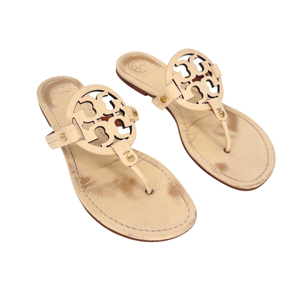 Tory Burch Miller Leather Cream Color Thong Sandals Sz 11 Logo Medallion Flat